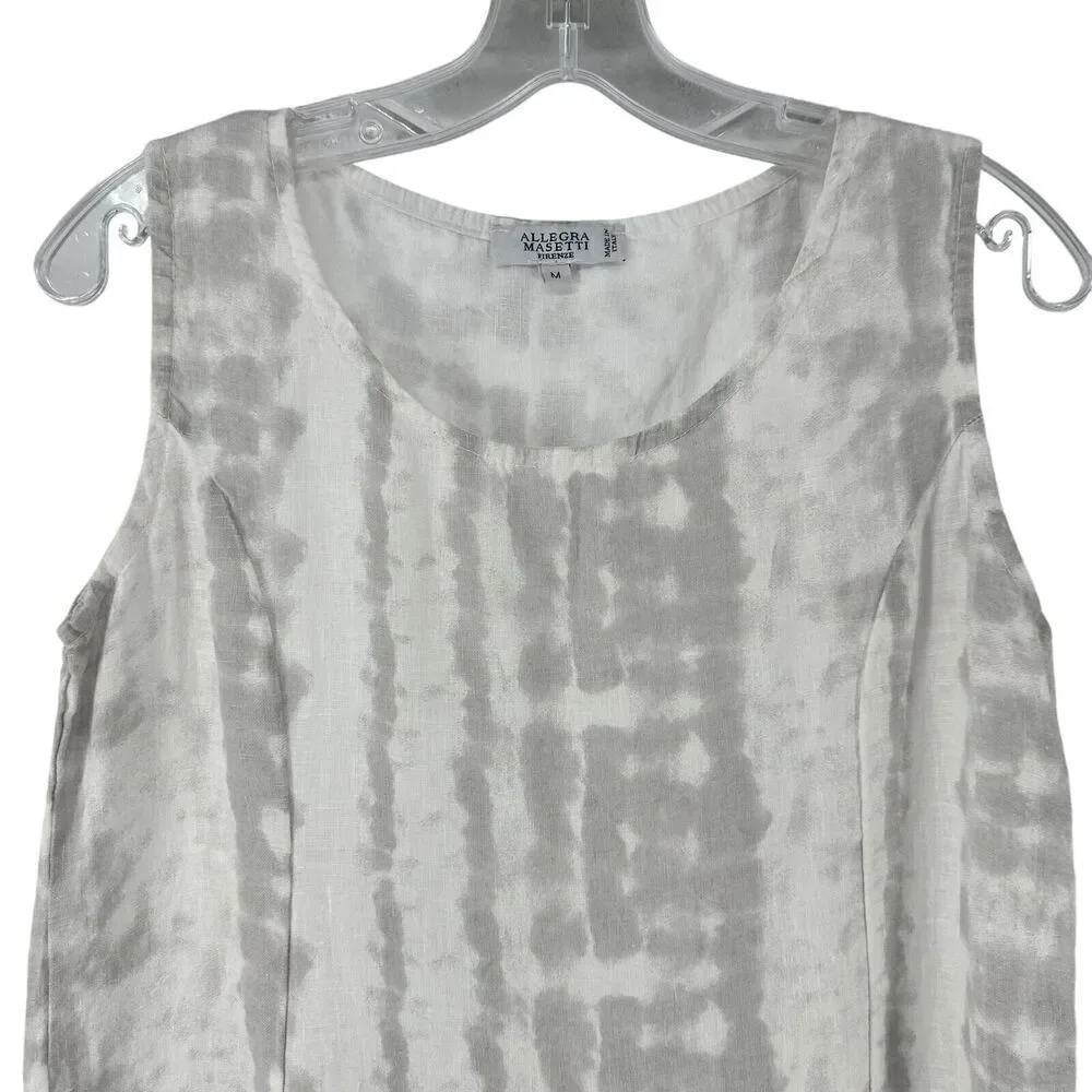 Italian Linen Dress Allegra Masetti Size M Sleevless Ruffle Gray White Beach - Picture 4 of 8